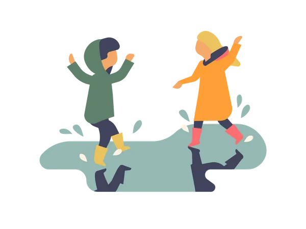 Little girls playing in pothole water  Illustration