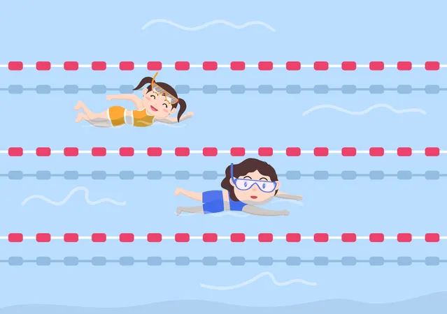 Little girls racing in swimming pool  일러스트레이션