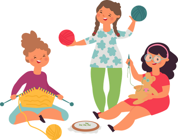 Little Girls with Knitting Needles Sitting on Clew  Illustration