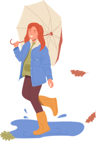 Little happy schoolgirl in warm wear with umbrella walking on street under rain  Illustration