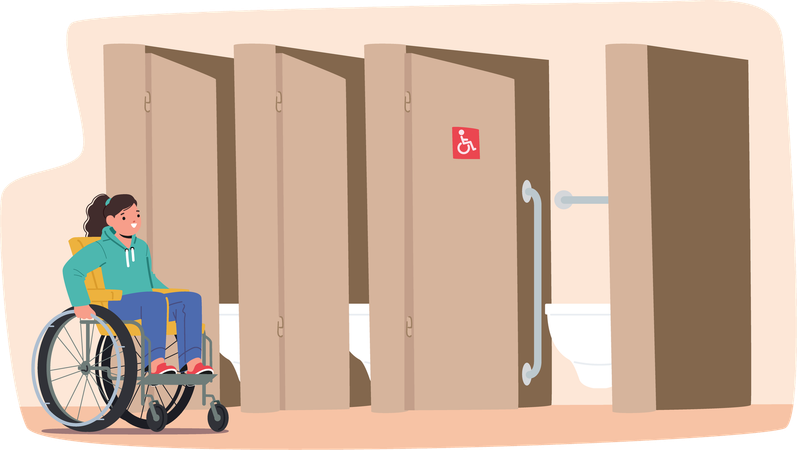 車椅子対応のトイレにいる身体障害のある小さな子供  イラスト