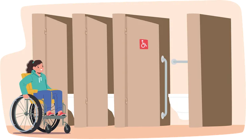 Little inclusive child  with physical disability in wheelchair accessible restroom  Illustration