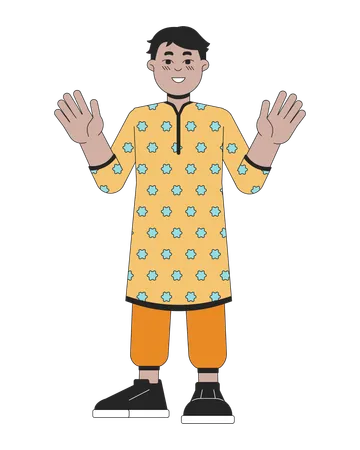 Little Indian Boy Kurta Tunic 2 D Linear Cartoon Character Adorable Kid South Asian Isolated Line Vector Person White Background Hindu Festival Of Lights Deepawali Color Flat Spot Illustration Illustration