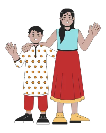 Little Indian Siblings 2 D Linear Cartoon Characters Hugging Together Brother Sister Isolated Line Vector People White Background Hindu Festival Lights Deepawali Custom Color Flat Spot Illustration Illustration