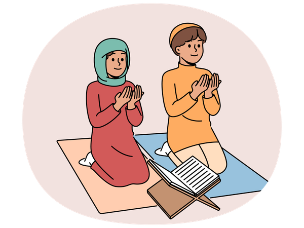 Little islamic children sitting on knees near holy quran studying in muslim school  Illustration
