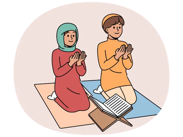 Little islamic children sitting on knees near holy quran studying in muslim school  Illustration