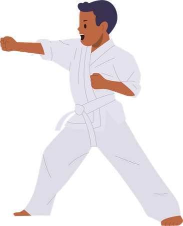 Little karate boy wearing white uniform and belt training at martial art training practice  Illustration