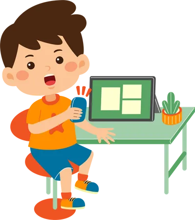 Little kid boy use graphic tablet  Illustration