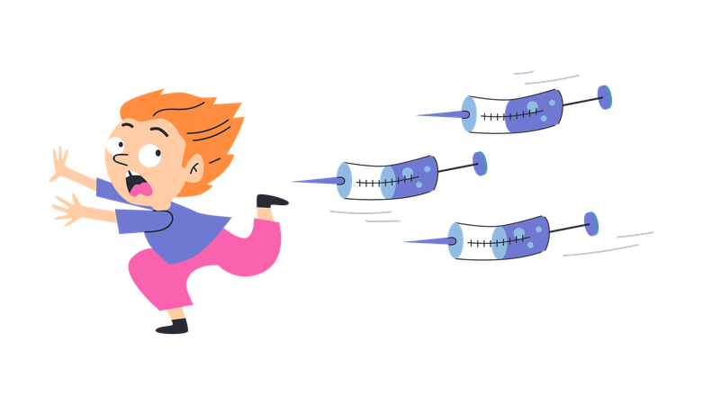 Little kid character frightened runs away from syringes with medicine  Illustration