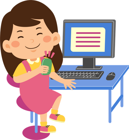 Little kid girl use computer  Illustration