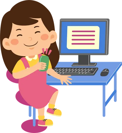 Little kid girl use computer  Illustration