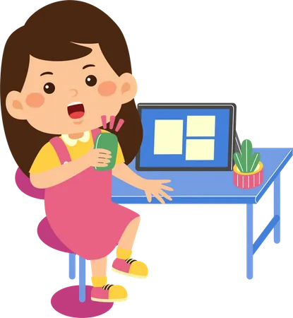 Little kid girl use graphic tablet  Illustration