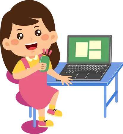 Little kid girl use laptop  Illustration