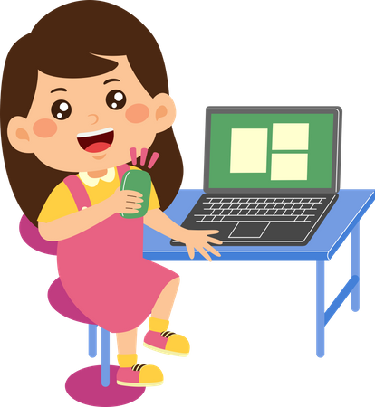 Little kid girl use laptop  Illustration