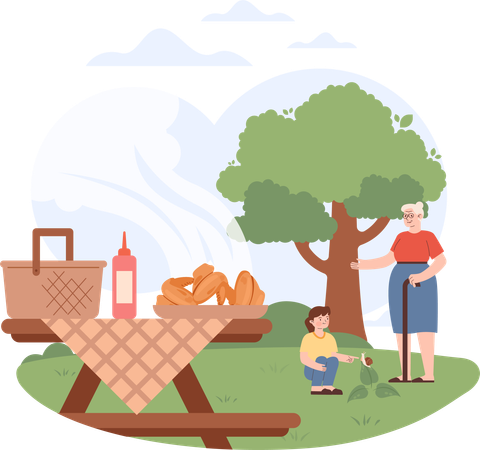 Little kid going to picnic with grand mother  Illustration