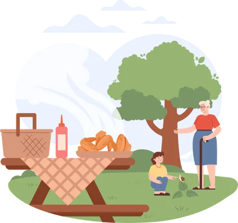 Little kid going to picnic with grand mother  Illustration