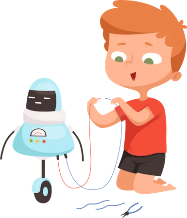 Little kid making toy robot  Illustration