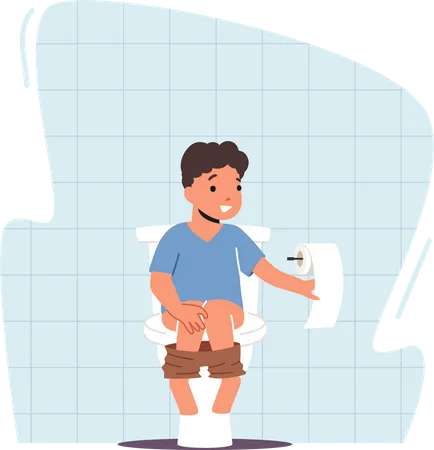 Little Kid Pooping Sitting at Toilet Bowl  イラスト