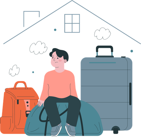. Little kid refugee with  suitcases and bags abandone home  일러스트레이션