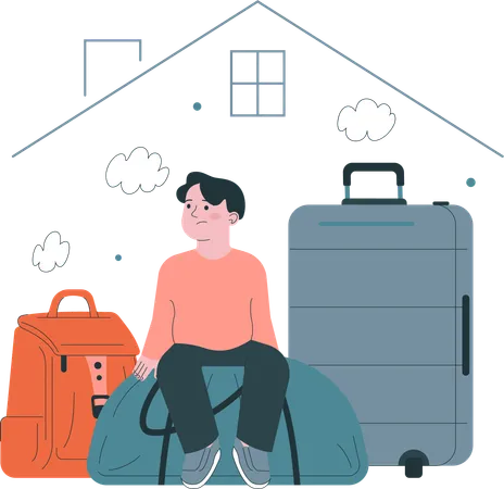 . Little kid refugee with  suitcases and bags abandone home  Illustration