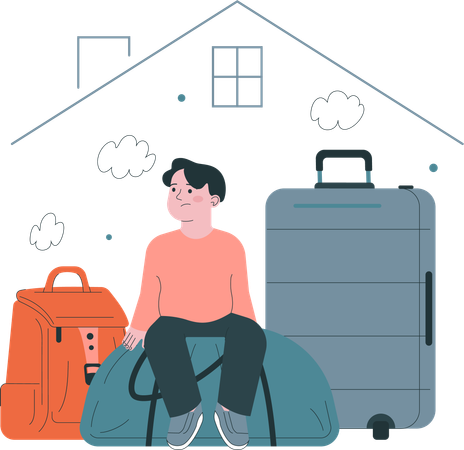 . Little kid refugee with  suitcases and bags abandone home  Illustration