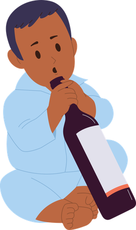 Little kid toddler in dangerous situation tasting alcohol from wineglass  Illustration
