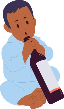 Little kid toddler in dangerous situation tasting alcohol from wineglass  Illustration