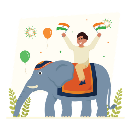 Little kid with elephant and celebrating Indepence day  Illustration