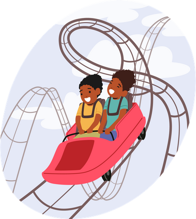 Little Kids Characters Riding Roller Coaster in Amusement Park Illustration