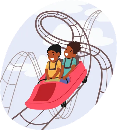 Little Kids Characters Riding Roller Coaster in Amusement Park  Illustration