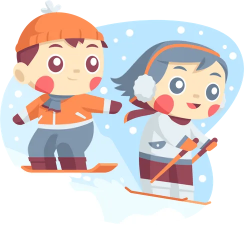 Little kids enjoying Skiing in Winter  Illustration