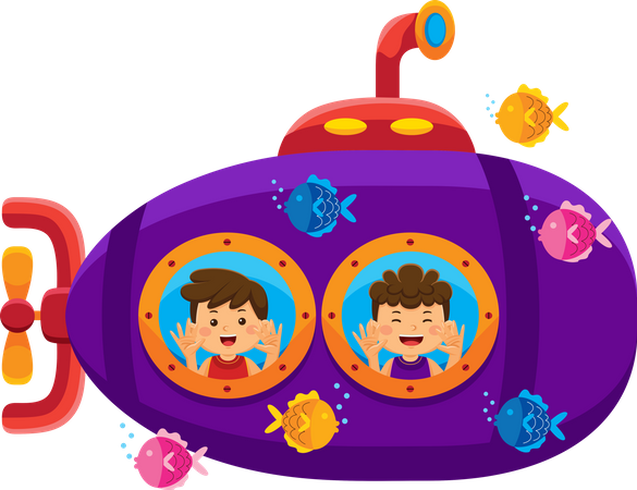 Little Kids Having Fun On A Submarine  Illustration