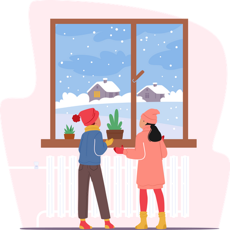 Little Kids in Winter Clothes Looking on First Snow through Home Window Illustration
