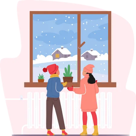 Little Kids in Winter Clothes Looking on First Snow through Home Window Illustration