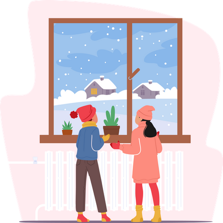 Little Kids in Winter Clothes Looking on First Snow through Home Window  Illustration