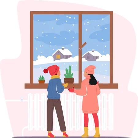 Little Kids in Winter Clothes Looking on First Snow through Home Window  Illustration