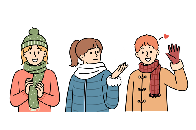 Little kids in winter clothes stand under falling snow and rejoicing at onset of christmas weekend  Illustration