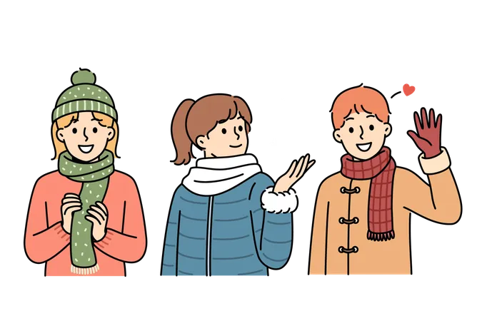 Little Kids In Winter Clothes Stand Under Falling Snow Rejoicing At Onset Of Christmas Weekend At School Cheerful Boys And Girls Waving Hands And Catching Snowflakes During Christmas Holidays Illustration