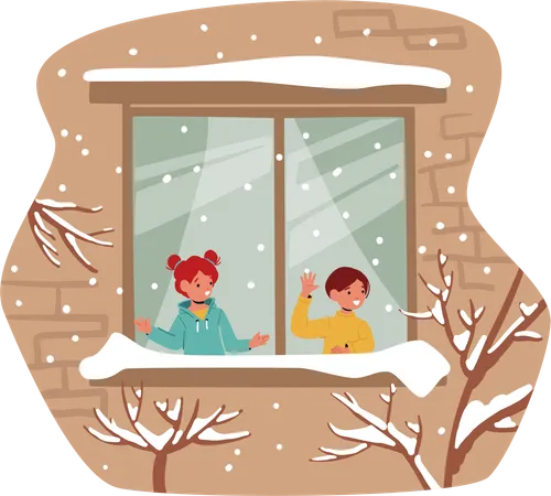Little Kids Looking on First Snow through Home Window Illustration