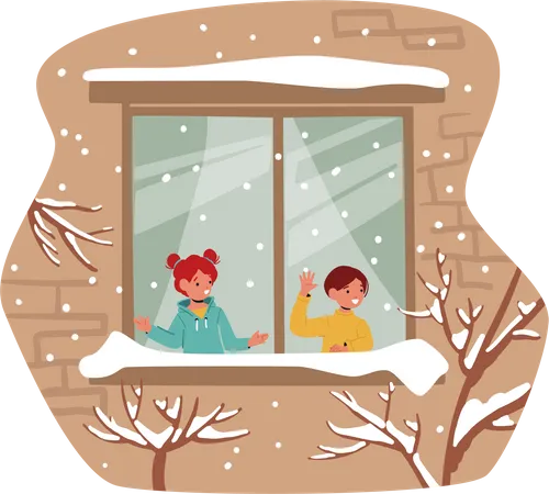 Little Kids Looking on First Snow through Home Window  Illustration