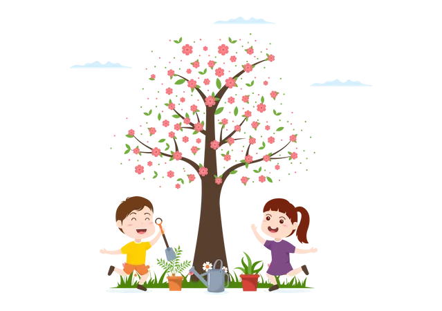 Little kids planting trees Illustration
