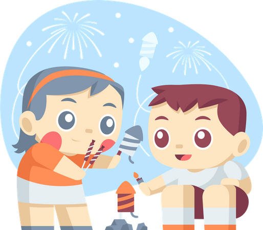 Little kids Playing Fireworks  Illustration