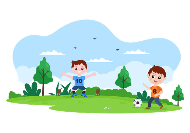 Little kids playing football in ground Illustration