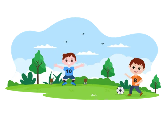 Little kids playing football in ground  Illustration