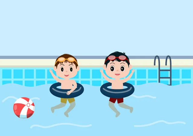 Little kids playing in swimming pool  イラスト