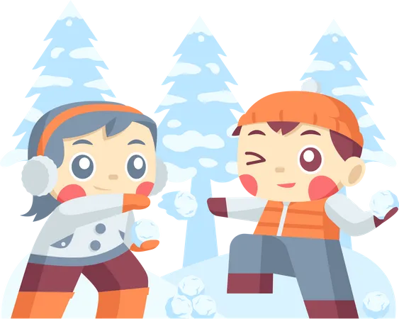 Little Kids Playing Snowball in Winter  Illustration