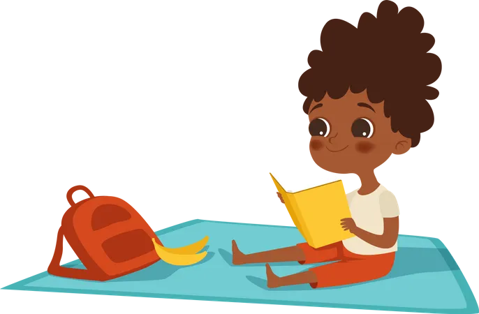 Little kids reading on picnic  Illustration