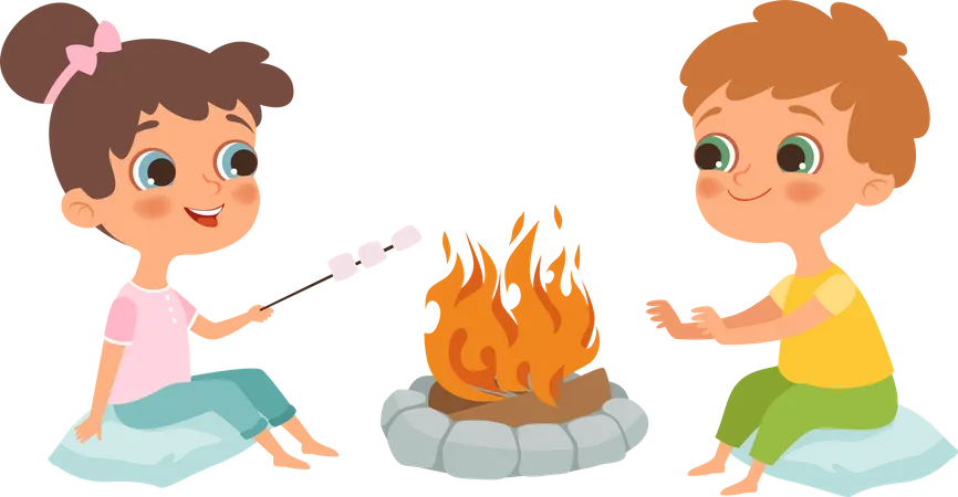 Little kids roasting marshmallow on picnic  일러스트레이션