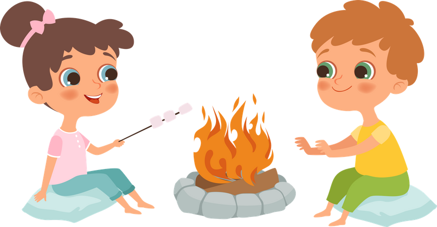 Little kids roasting marshmallow on picnic  Illustration