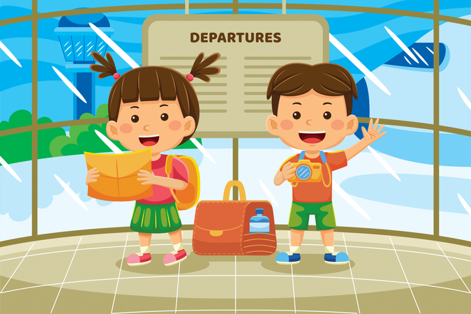 Little kids standing at airport departure  Illustration